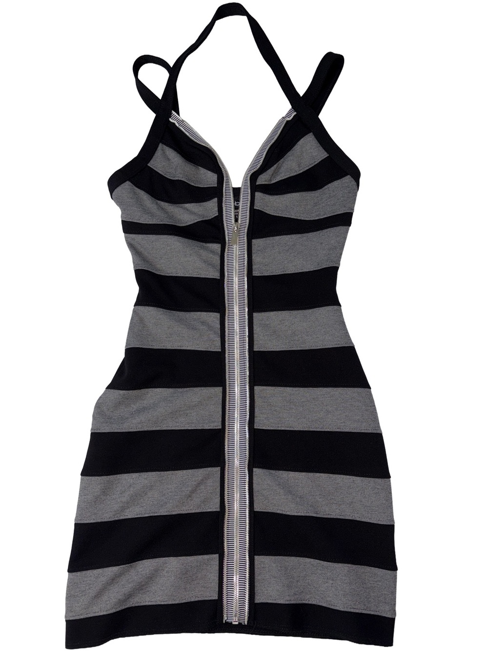 bebe Black & Gray Striped Bodycon Mini Dress Exposed Zipper Size S - Picture 6 of 9